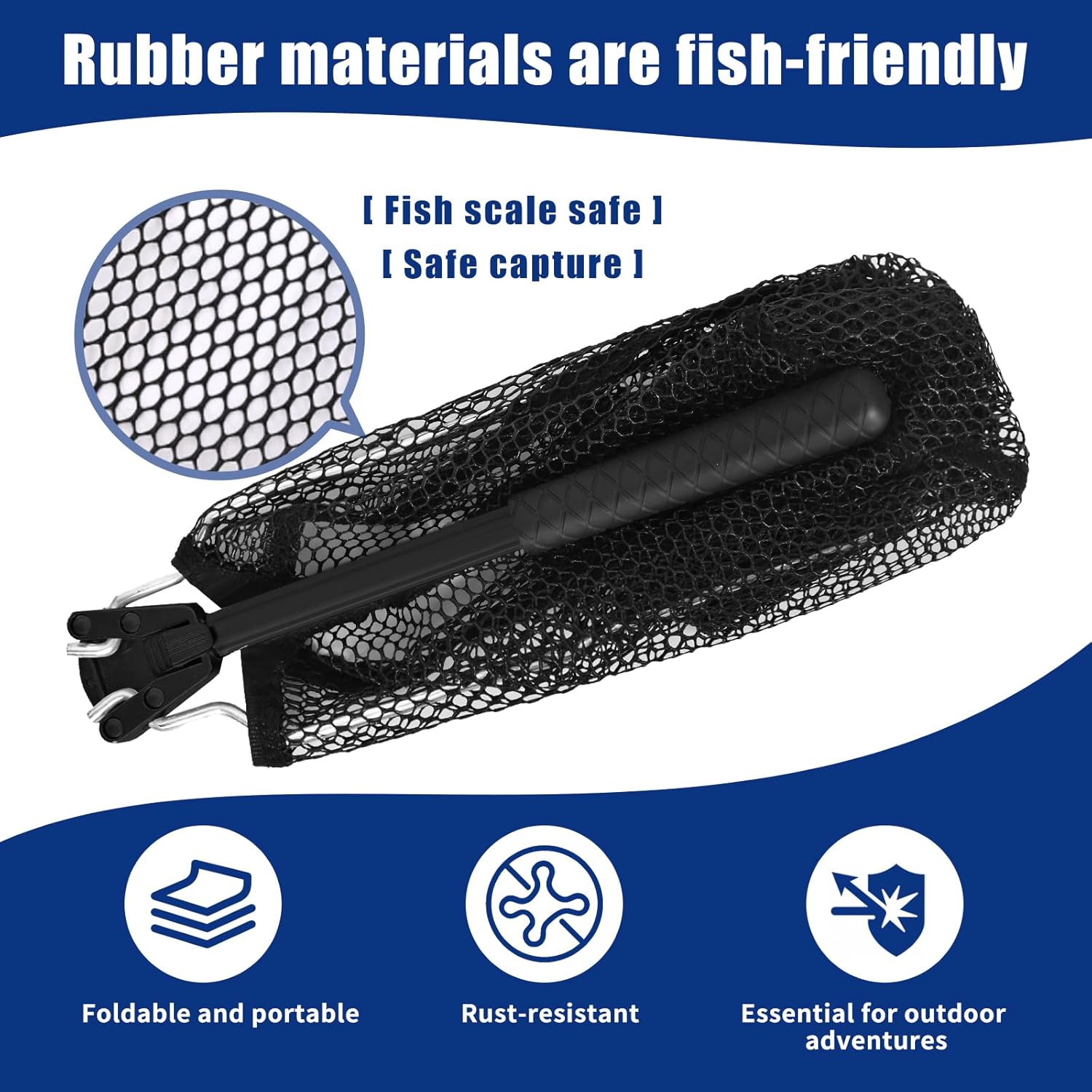 Fishing Net with Handle, Rubber Coated Landing Net with Foldable Aluminum Frame, Minnow Net, Small Fishing Net, Easy Transportation Storage for Kayak, Fly, Catfish, Bass, Trout Fishing - Image 3