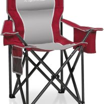 Folding Camping Chair Portable Outdoor Heavy Duty Padded Chairs Lawn Chair with Cup Holder, Storage Pocket and Cooler Bag, Supports 450LBS Red