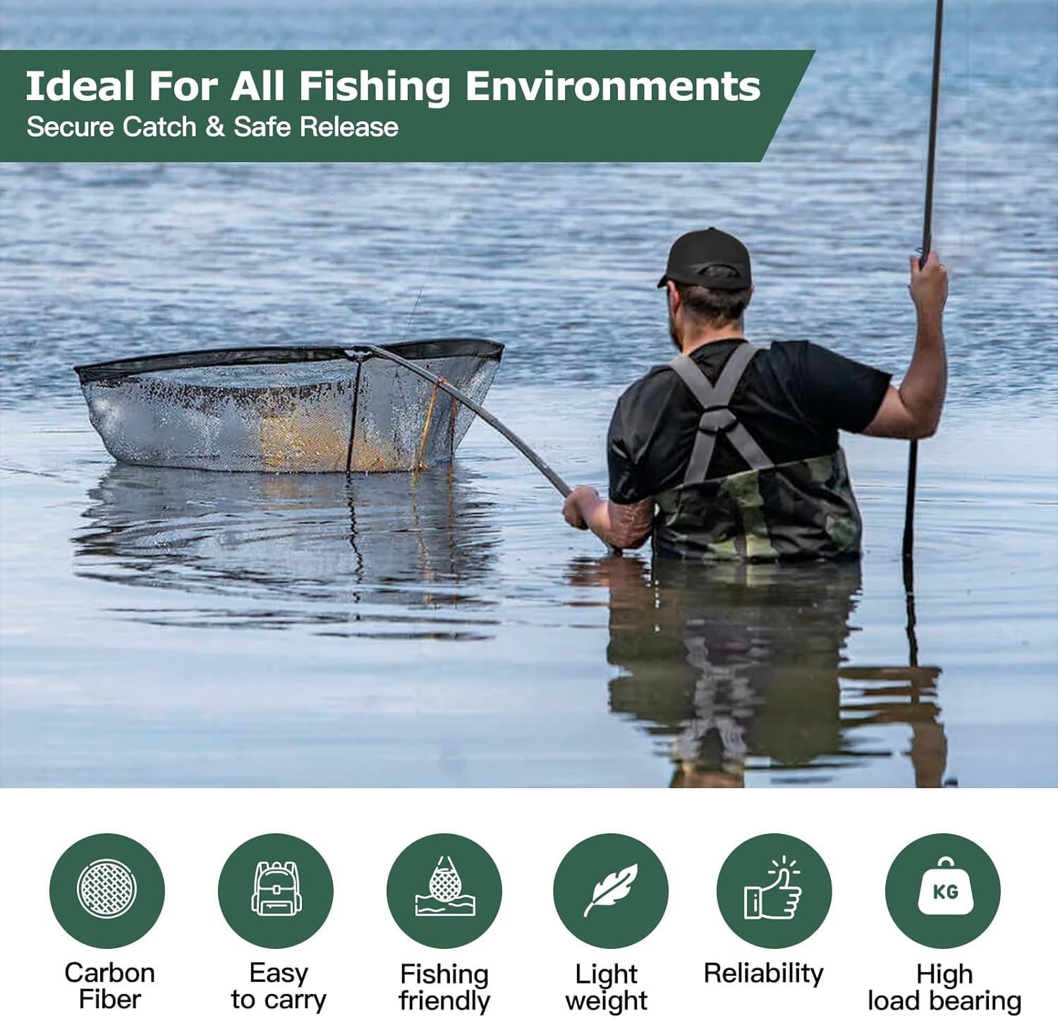 Landing Net for Carp Fishing, 42 Inch Extra Large Fishing Net, 6 Feet Carbon Fiber Long Handle Saltwater Big Fish, Holds Up to 88lbs/40kgs, Olive Green, Supplied with Carry Bag - Image 2
